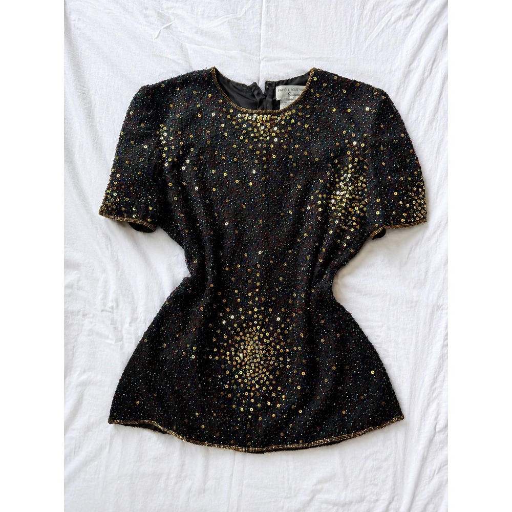 Papell Boutique Evening Top Size S Black Silk Beaded Sequin Starburst Blouse